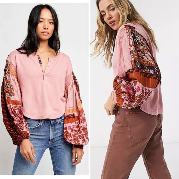 FREE PEOPLE SHIRT XS HENLEY PINK LIGHT MAGIC RUST BALLOON PUFF SLEEVE PATCHWORK - Picture 1 of 16